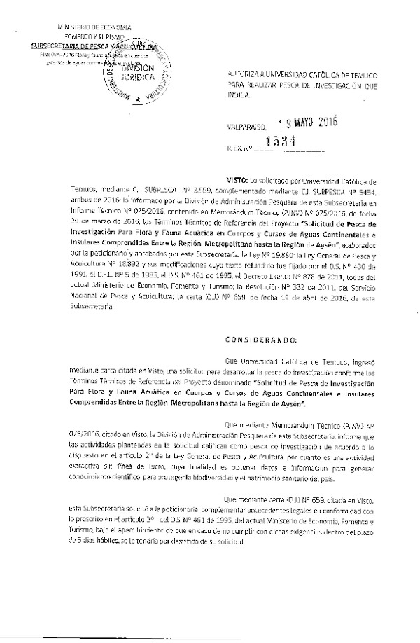 Res. Ex. N° 1534-2016 Flora y fauna acuática en cuerpos y cursos de aguas continentales e insulares del territorio Nacional.