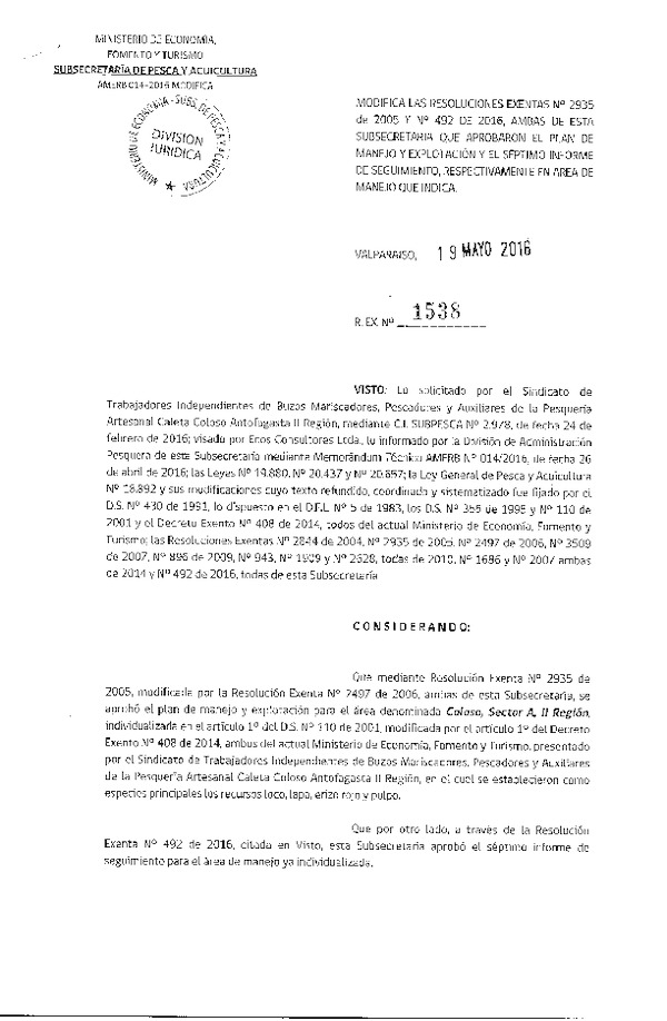 Res. Ex. N° 1538-2016 MODIFCA Res. Ex. N° 2935-2005 y N° 492-2016.