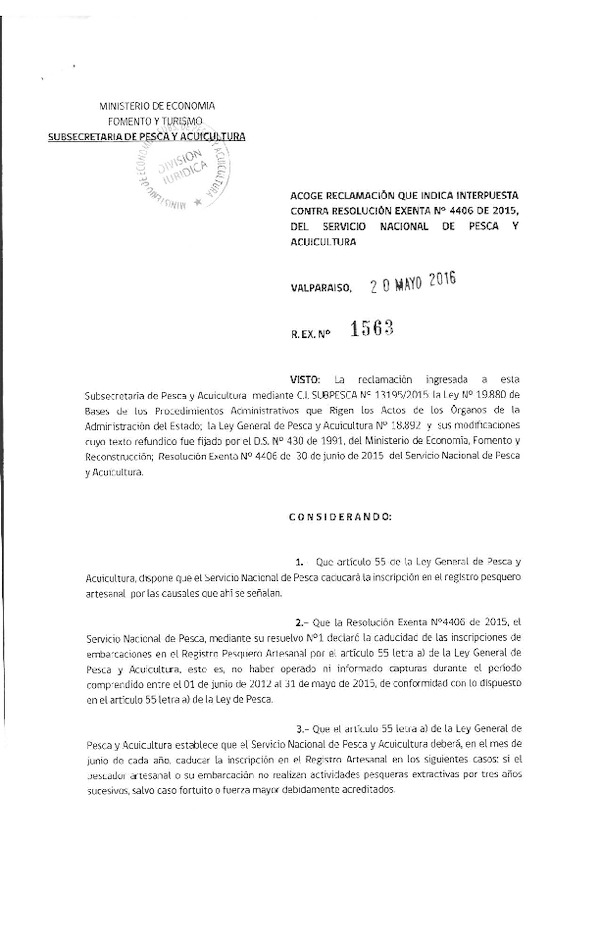 Res. Ex. N° 1563-2016 Acoge Reclamación que Indica Interpuestas Contra Res. Ex. N° 4406-2015 del Servicio Nacional de Pesca y Acuicultura.