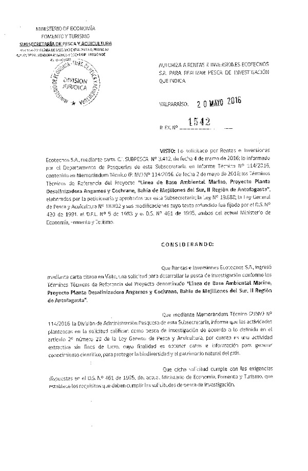Res. Ex. N° 1542-2016 Línea de base ambiental marino, Bahía de Mejillones del Sur, II Región de Antofagasta.
