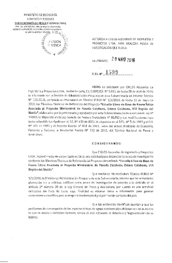 Res. Ex. N° 1599-2016 Estudio línea de base de fauna íctica, estero Calabozo, VIII región del Biobío.