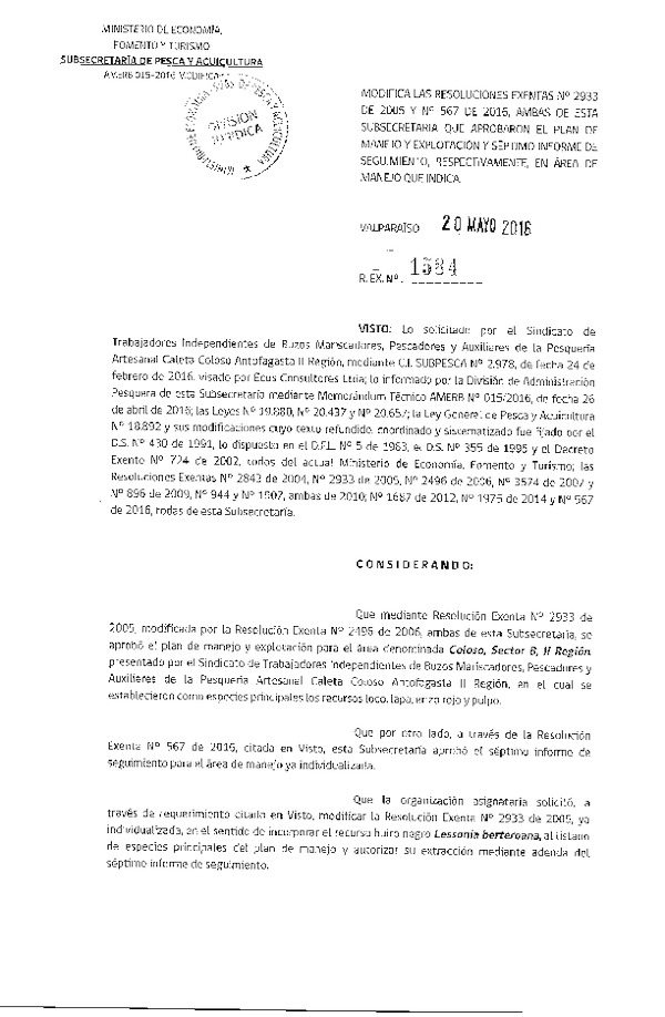 Res. Ex. N° 1584-2016 MODIFICA Res. Ex. N° 2933-2005 y N° 567-2016.