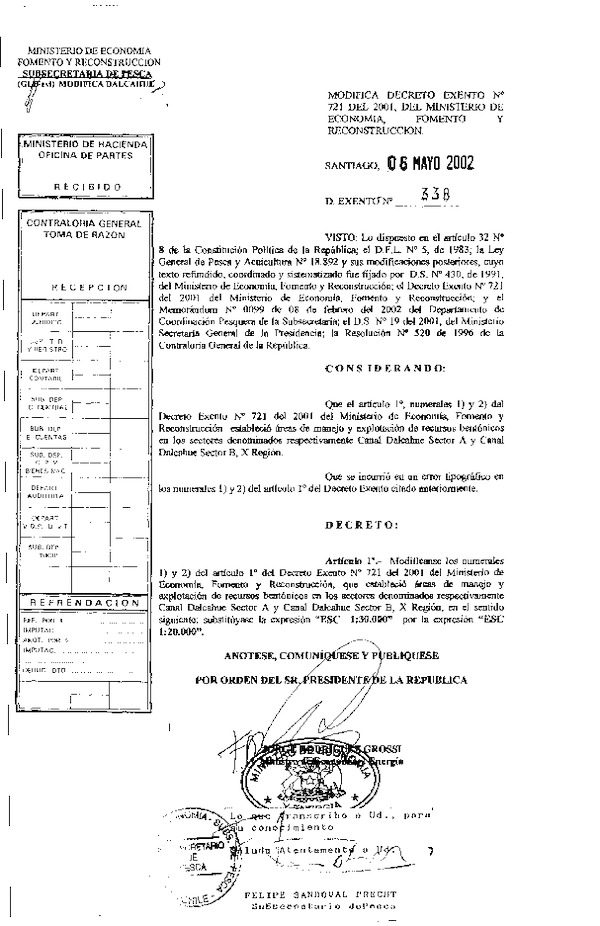 Dec. Ex. N° 338-2002 MODIFICA Dec. Ex. N° 721-2001 CANAL DALCAHUE SECTOR A Y SECTOR B X REG.