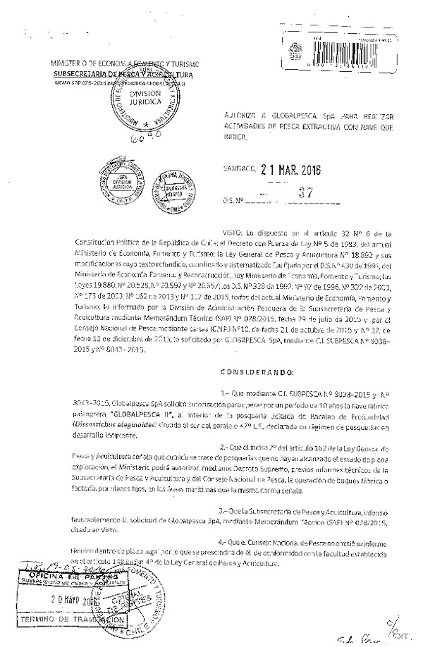 D.S. N° 37-2016 Autoriza a Globalpesca SpA para Realizar Actividades de Pesca Extractiva con Nave Fabrica Globalpesca II. (F.D.O. 26-05-2016)