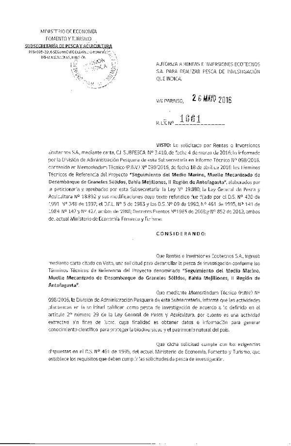 Res. Ex. N° 1661-2016 Seguimiento del medio marino, bahía Mejillones, II Región de Antofagasta.