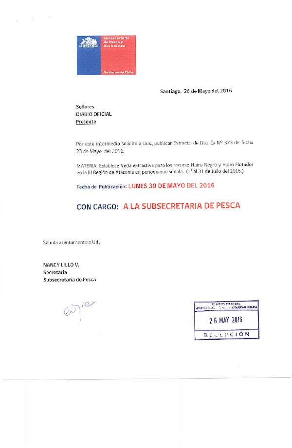 Dec. Ex. N° 373-2016 Establece Veda Extractiva para los Recursos Huiro Negro y Huiro Flotador en la III Región. (F.D.O. 30-05-2016)