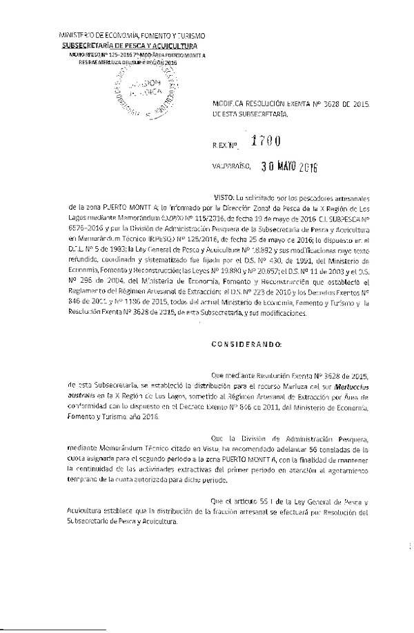 Res. Ex. N° 1700-2016 Modifica Res. Ex. N° 3628-2015 Distribución de la Fracción Artesanal de Pesquería de Merluza del Sur por Área, X Región, año 2016.