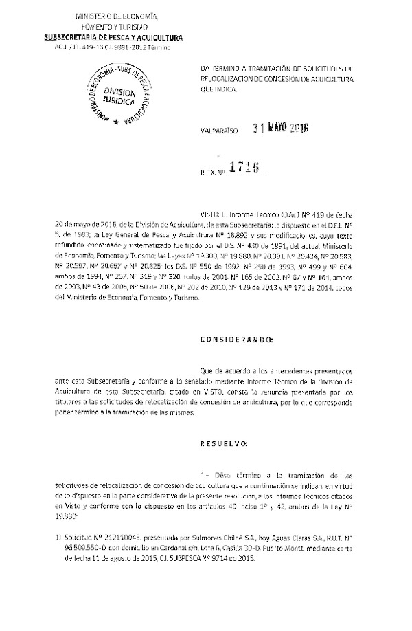 Res. Ex. N° 1716-2016 Da Término a Trámitación de solicitudes de relocalización de concesión de acuicultura que Indica.