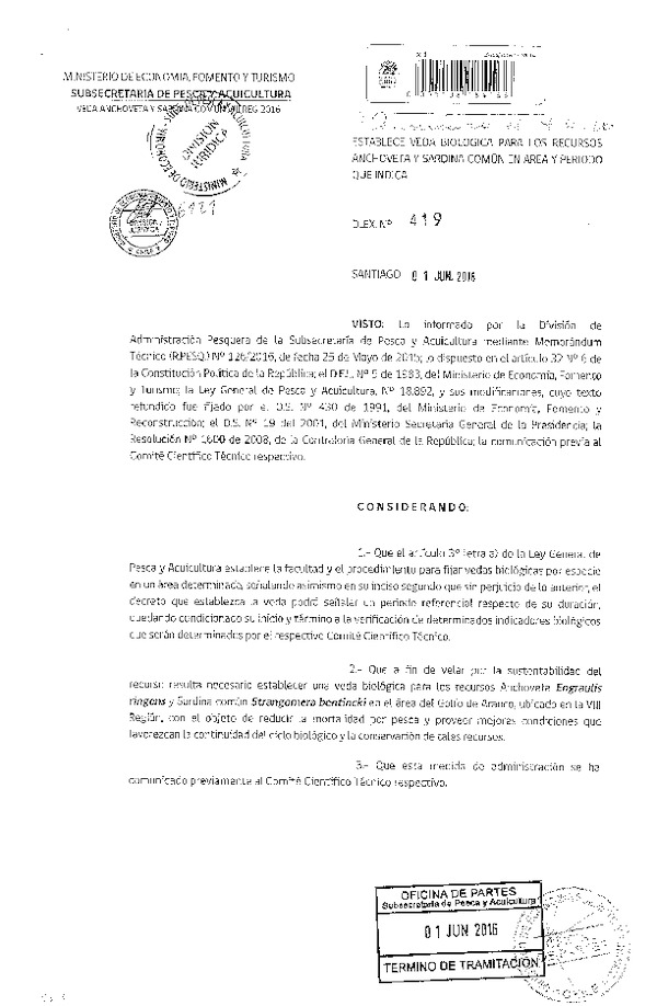 Dec. Ex. N° 419-2016 Establece Veda Biológica para los recursos Anchoveta y Sardina Común, VIII Región. (F.D.O. 04-06-2016)