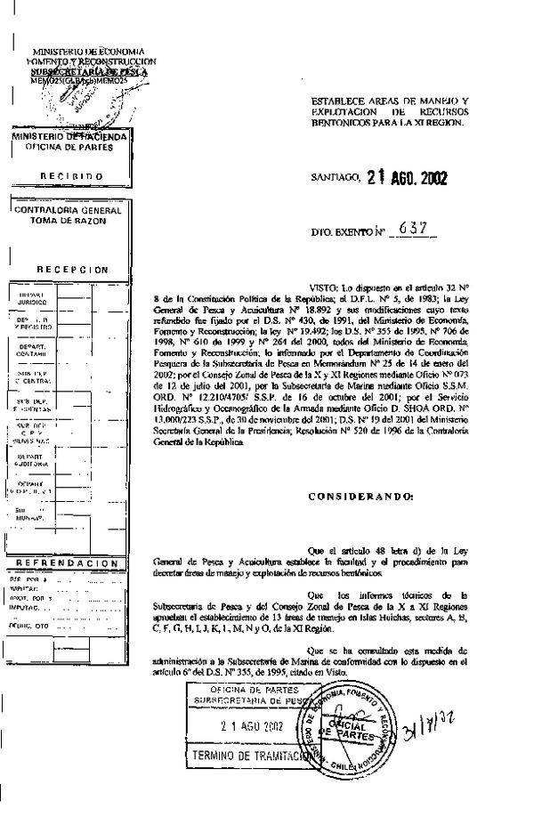 Dec. Ex. N° 637-2002 Establece Área de Manejo Islas Huichas Sectores A, B, C, F, G, H, I, J, K, L, M, N, y O, XI Región.