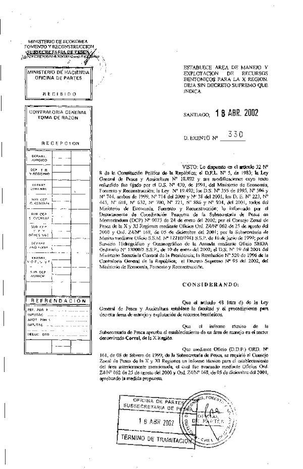 Dec. Ex. N° 330-2002 Establece Área de Manejo Corral, XIV Región.