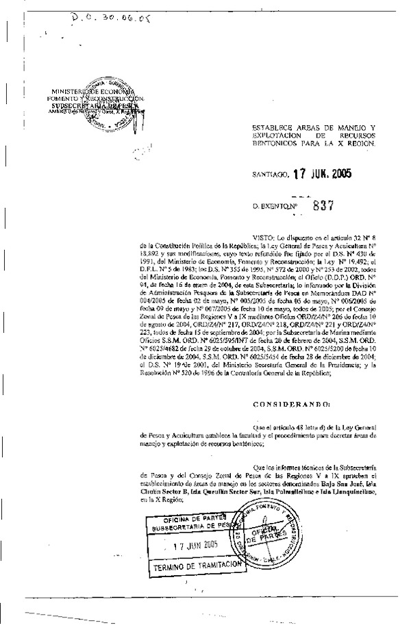 Dec. Ex. N° 837-2005 Establece Área de Manejo Isla Chulín, Sector b, Isla Queillin Sector Sur, Bajo San José, Isla Polmallehue, Isla Llanquinwlhue, X Región.