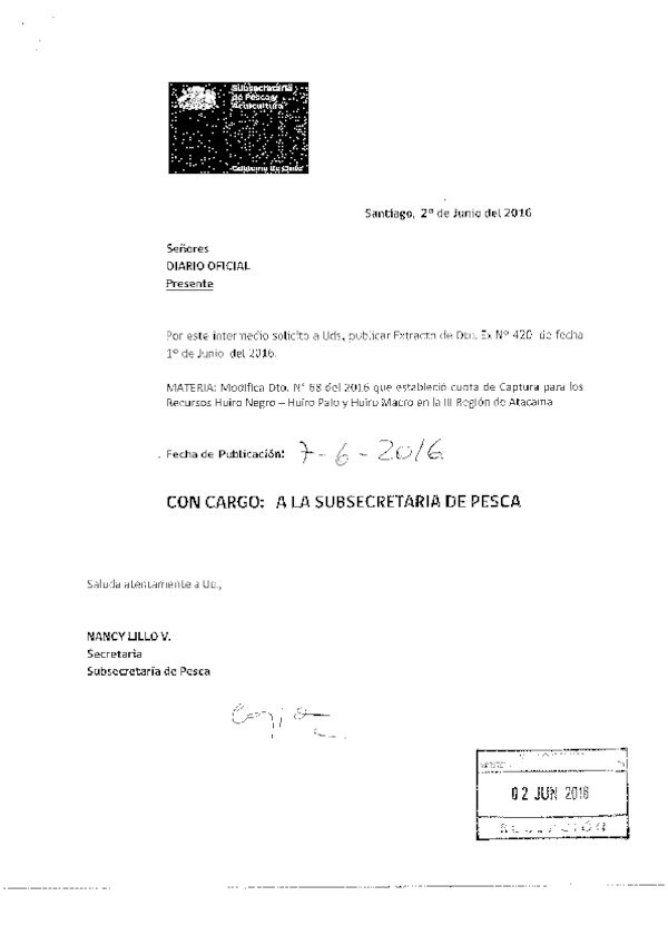 Dec. Ex. N°420-2016 Modifica Dec. Ex. N° 68-2016 Establece Cuota de Captura Recursos Huiro negro, Huiro palo y Huiro macro en la III Región de Atacama. (F.D.O. 07-06-2016)