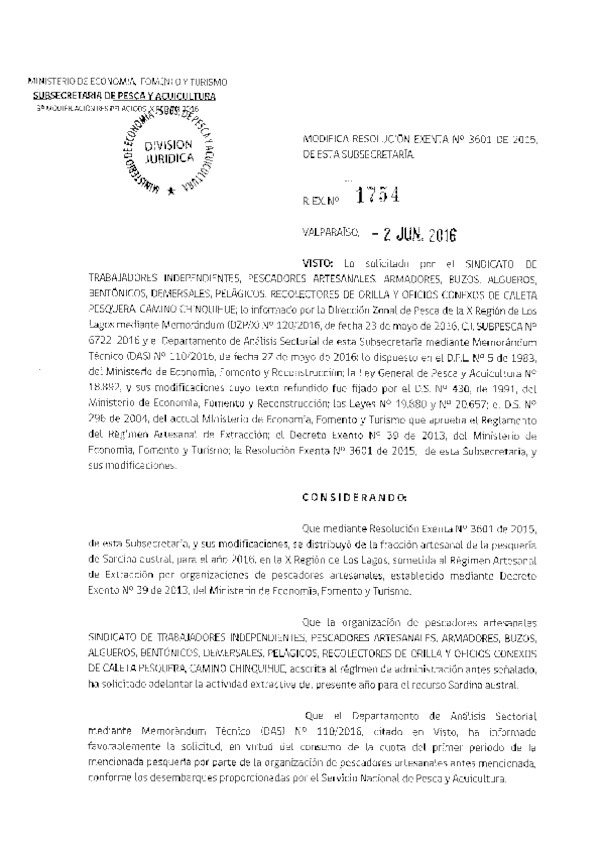 Res. Ex. N° 1754-2016 Modifica Res. Ex. N° 3601-2015 Distribución de la Fracción Artesanal de Pesquería de Sardina Austral, X Región, año 2016.