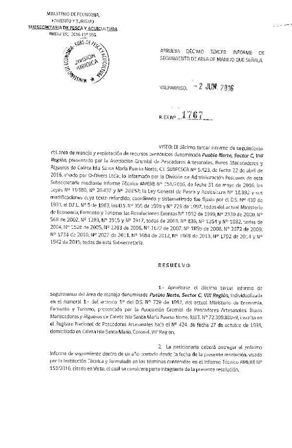 Res. Ex. N° 1767-2016 13° SEGUIIENTO.