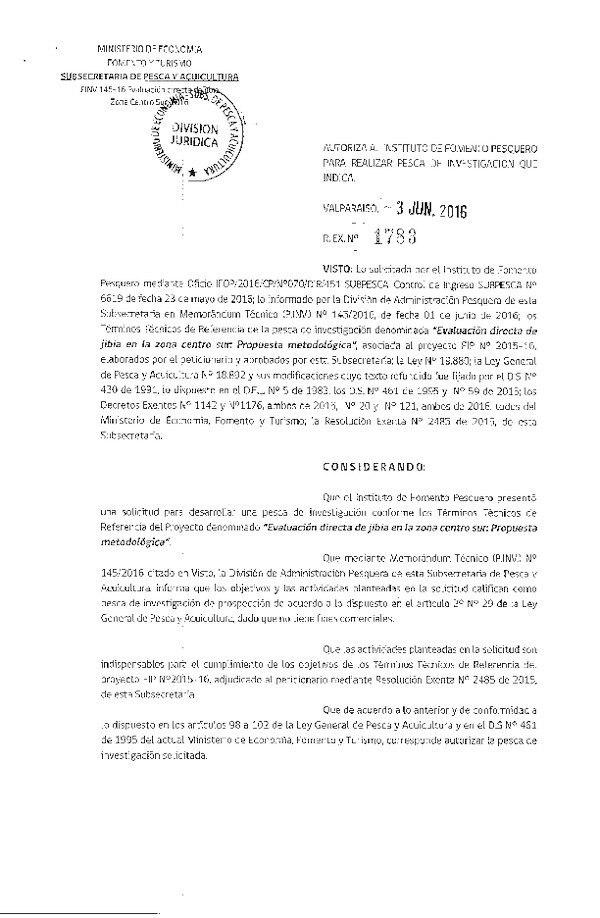 Res. Ex. N° 1783-2016 Evaluación directa de Jibia zona Centro sur.