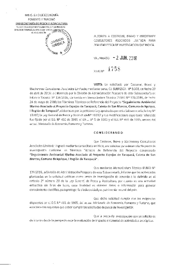 Res. Ex. N° 1758-2016 Seguimiento ambiental marino, Caleta de San Marcos, comuna de Iquique, I Región de Tarapacá.