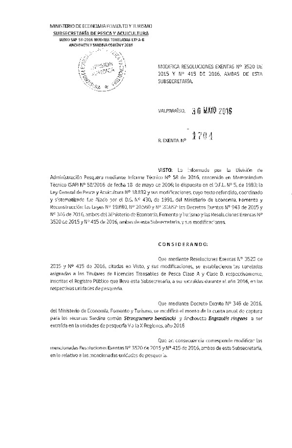 Res. Ex. N° 1704-2016 Modifica Res. Ex. N° 3520-2015 Establece Toneladas para Titulares de Licencias Transables de Pesca, Clase A, Año 2016. Fija Nómina de Titulares, Arrendatarios y Meros Tenedores. (F.D.O. 06-06-2016)