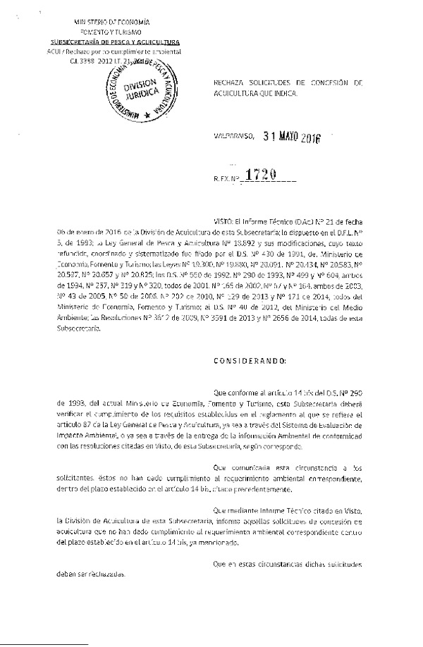 Res. Ex. N° 1720-2016 Rechaza Solicitud de Concesión de Acuicultura.