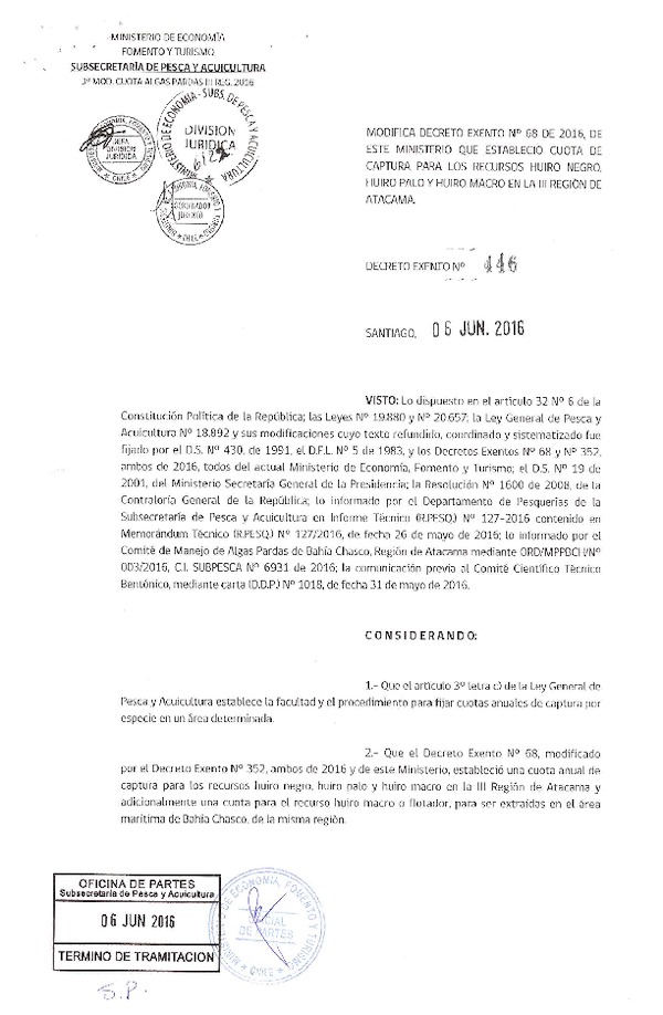 Dec. Ex. N° 446-2016 Modifica Dec. Ex. N° 68-2016 Establece Cuota de Captura Recursos Huiro negro, Huiro palo y Huiro macro en la III Región de Atacama.