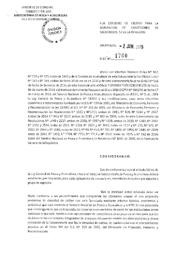 Res. Ex. N° 1760-2016 Fija densidad de cultivo para la agrupación de concesión de Salmónidos 52, XII Región. (F.D.O. 09-06-2016)