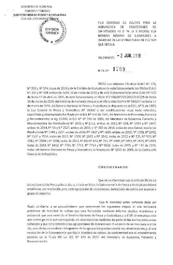 Res. Ex. N° 1769-2016 Fija densidad de cultivo para la agrupación de concesión de Salmónidos 10 B, X Región. (F.D.O. 09-06-2016)