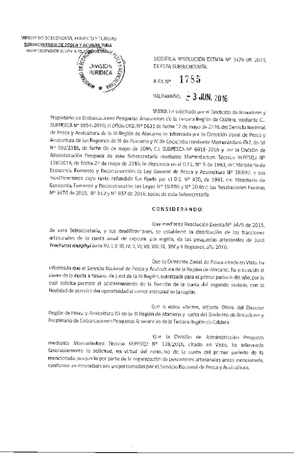 Res. Ex. N° 1785-2016 Modifica Res. Ex. N° 3476-2015 Establece Distribución de las Fracciones Artesanales de Jurel XV-X Regiones, por Región, Año 2016. (Publicada en Página Web 09-06-2016)