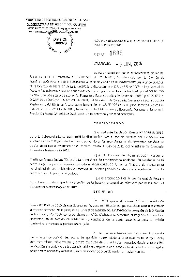 Res. Ex. N° 1808-2016 Modifica Res. Ex. N° 3628-2015 Distribución de la Fracción Artesanal de Pesquería de Merluza del Sur por Área, X Región, año 2016. (Publicada en Página 09-06-2016)