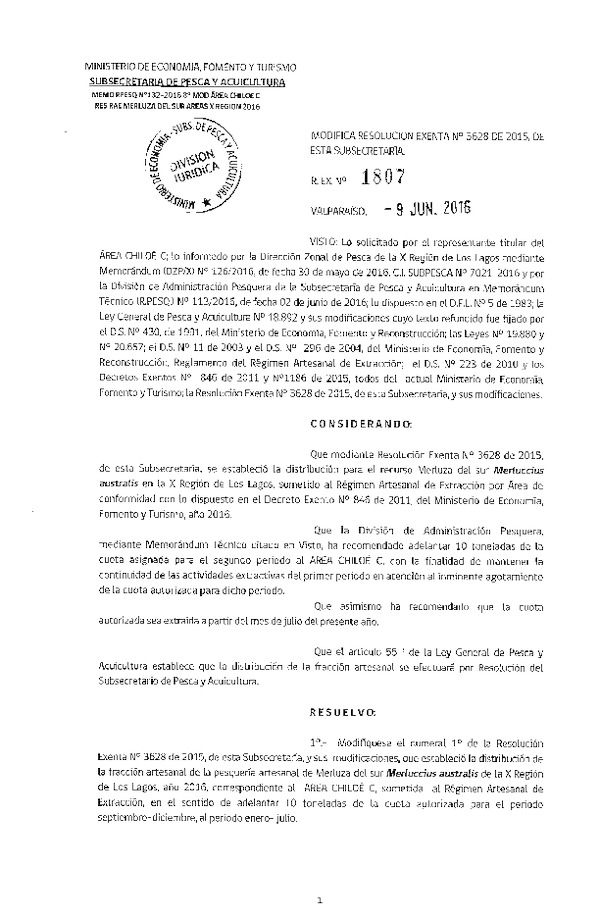 Res. Ex. N° 1807-2016 Modifica Res. Ex. N° 3628-2015 Distribución de la Fracción Artesanal de Pesquería de Merluza del Sur por Área, X Región, año 2016. (Publicada en Página 09-06-2016)