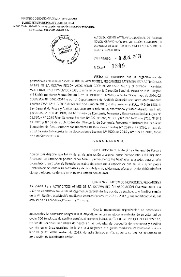 Res. Ex. N° 1809-2016 Autoriza cesión sardina común, VIII Región.