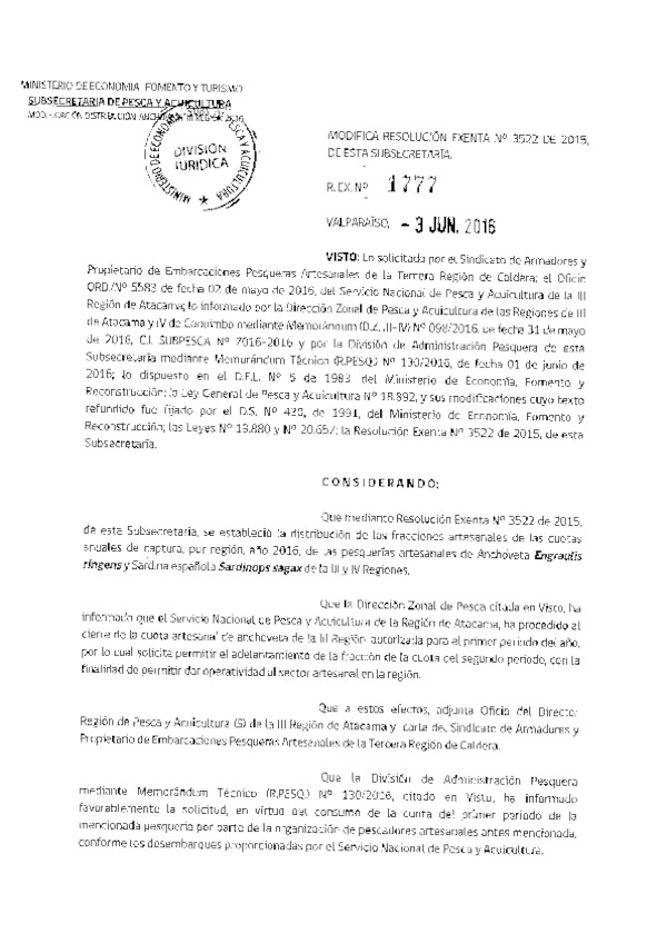 Res. Ex. N° 1777-2016 Modifica Res. Ex. N° 3522-2015 Establece Distribución de las Fracciones Artesanales de las Cuotas Anuales de Captura por Región Anchoveta y Sardina Española III-IV Regiones, Año 2016. (F.D.O. 10-06-2016)