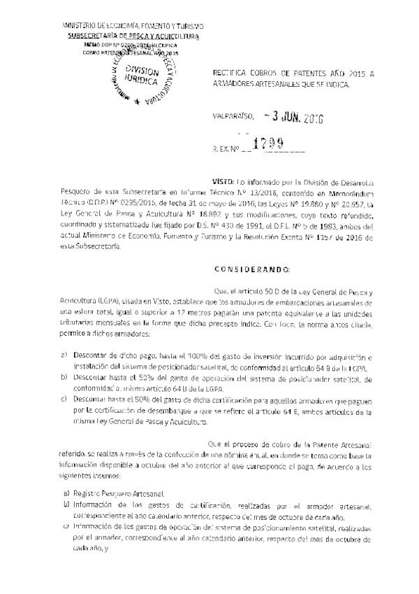 Res. Ex. N° 1799-2016 Rectifica Cobros de Patentes Año 2015 a Armadores que Indica.