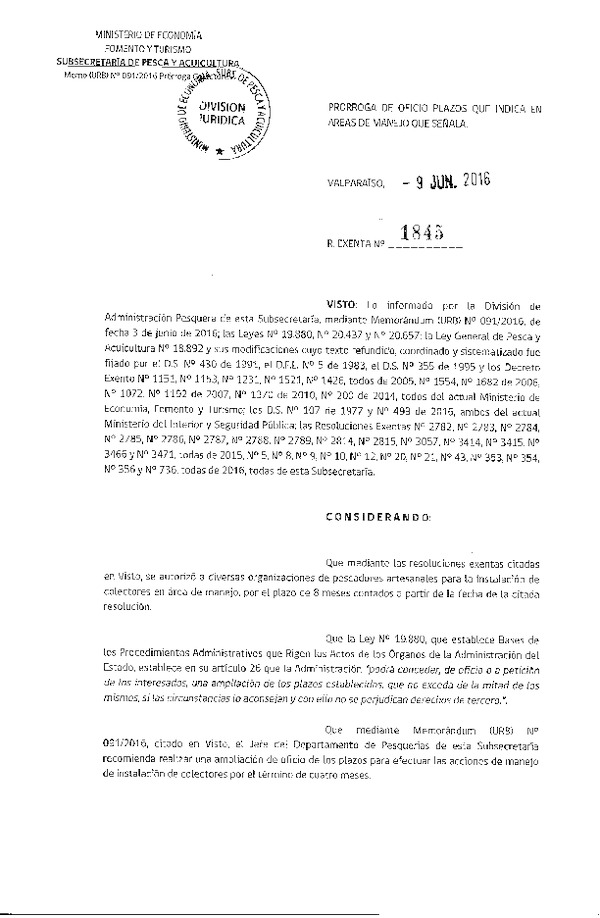 Res. Ex. N° 1845-2016 Prorroga de Oficio Plazos que Indica en Áreas de Manejo que Señala.