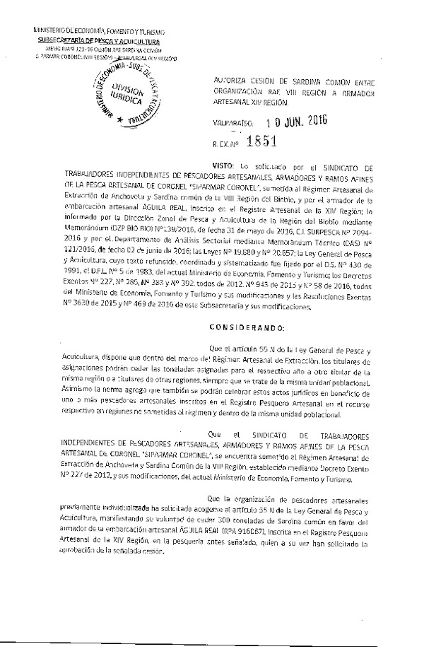 Res. Ex. N° 1851-2016 Autoriza cesión Sardina común VIII a XIV Región.