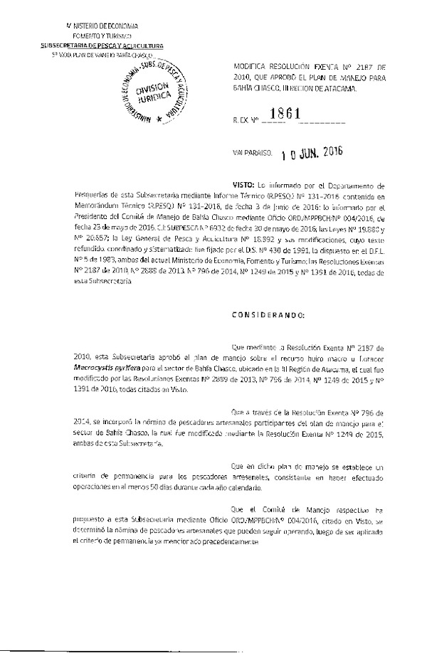 Res. Ex. N° 1861-2016 Modifica Res. Ex. Nº 2187-2010 que Apruebó Plan de Manejo para Bahía Chasco III Región. (Publicada en Página Web 13-06-2016)