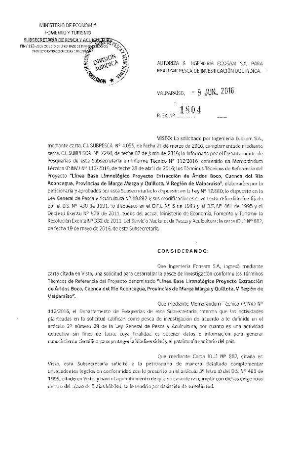 Res. Ex. N° 1804-2016 Línea base limnológico áridos Boco, provicnia de Marga Marga y Quillota, V Región.