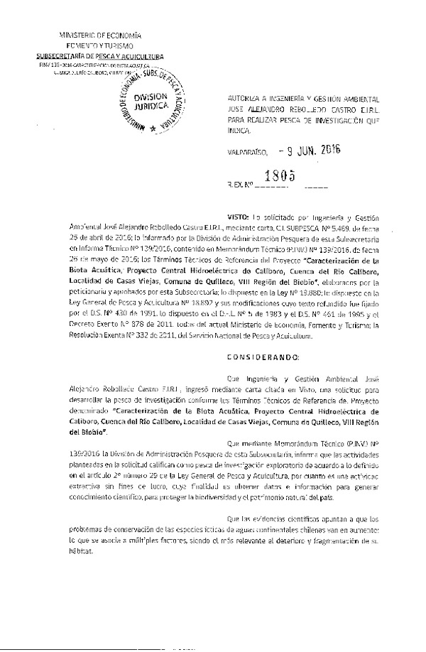 Res. Ex. N° 1805-2016 Caracterización de la biota acuática, comuna de Quilleco, VIII Región del Biobío.