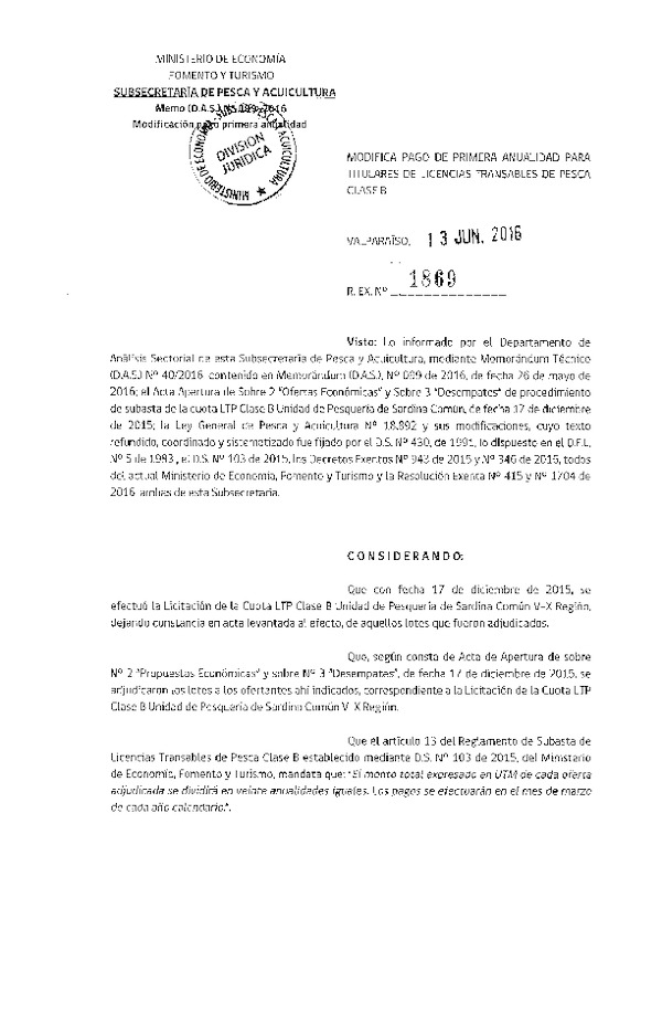 Res. Ex. N° 1704-2016 Modifica Res. Ex. N° 3520-2015 Establece Toneladas para Titulares de Licencias Transables de Pesca, Clase A, Año 2016. Fija Nómina de Titulares, Arrendatarios y Meros Tenedores. (F.D.O. 06-06-2016)