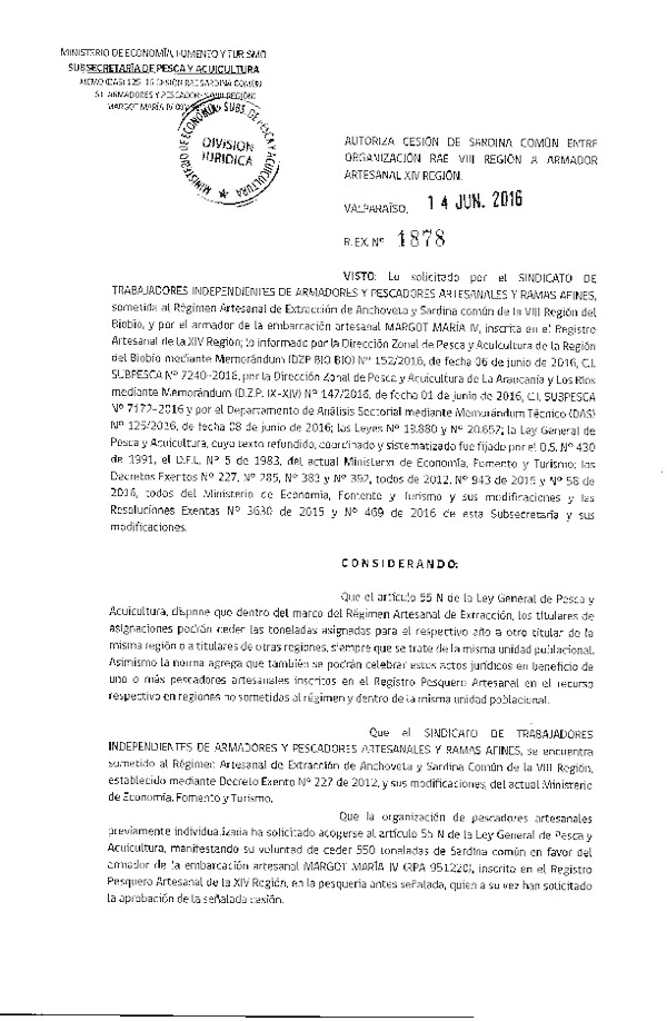 Res. Ex. N° 1878-2016 Autoriza cesión Sardina común VIII a XIV Región.