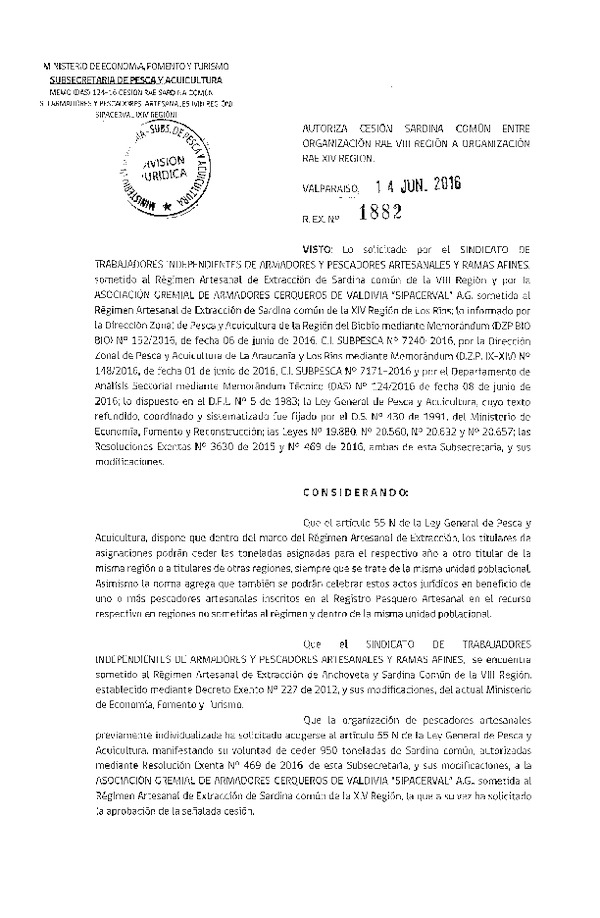 Res. Ex. N° 1882-2016 Autoriza cesión Sardina común VIII a XIV Región.