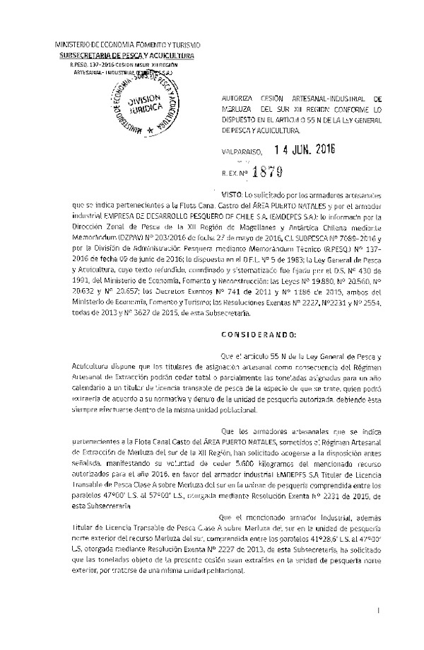 Res. Ex. N° 1879-2016 Autoriza cesión Merluza del sur XII Región.