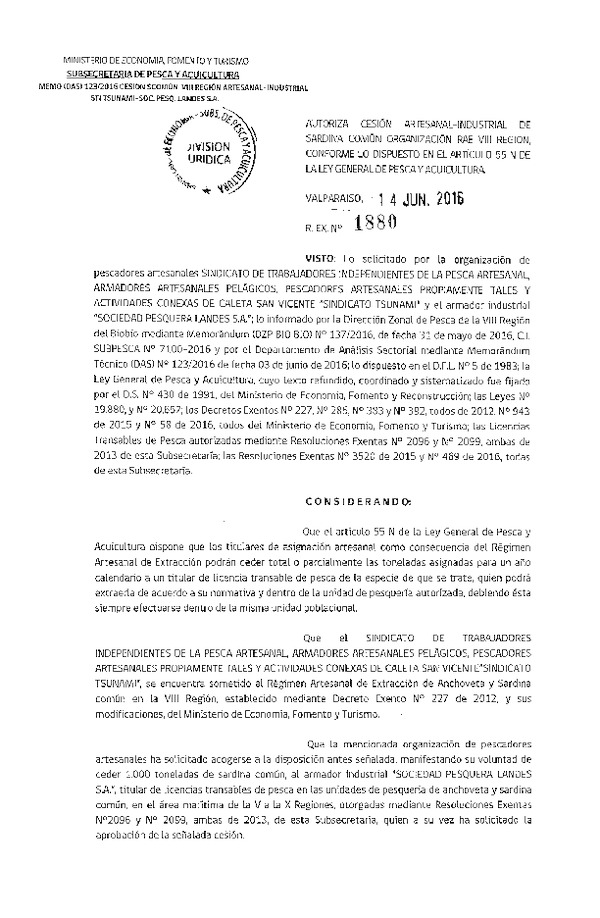 Res. Ex. N° 1880-2016 Autoriza cesión sardina común, VIII Región.