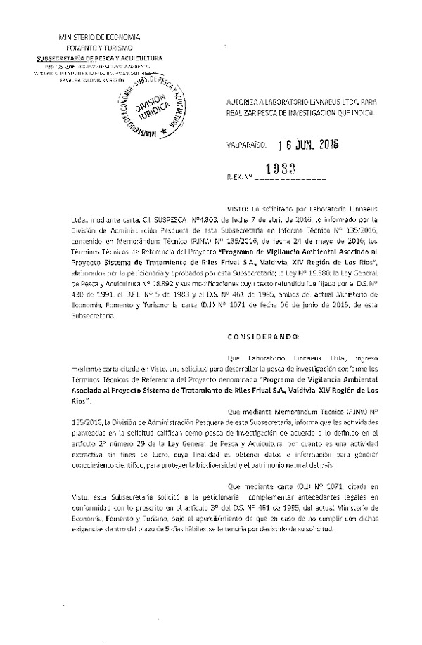 Res. Ex. N° 1933-2016 Programa de vigilancia ambiental, XIV Región.