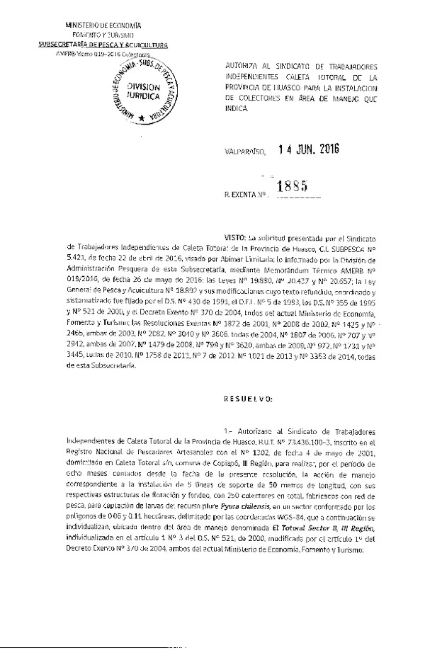 Res. Ex. N° 1885-2016 INSTALACIÓN DE COLECTORES.