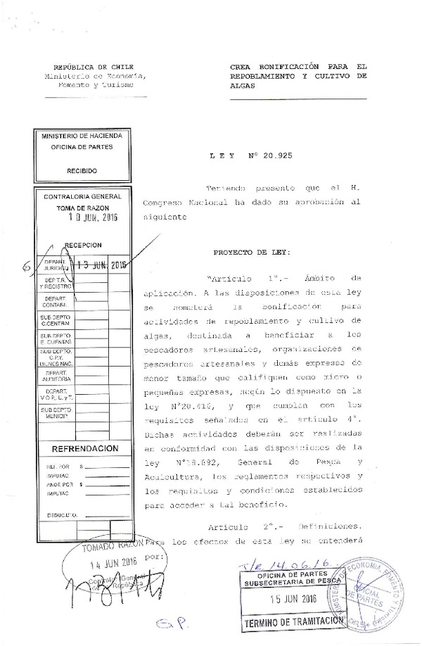 Ley N° 20.925 Crea Bonificación para el Repoblamiento y Cultivo de Algas.