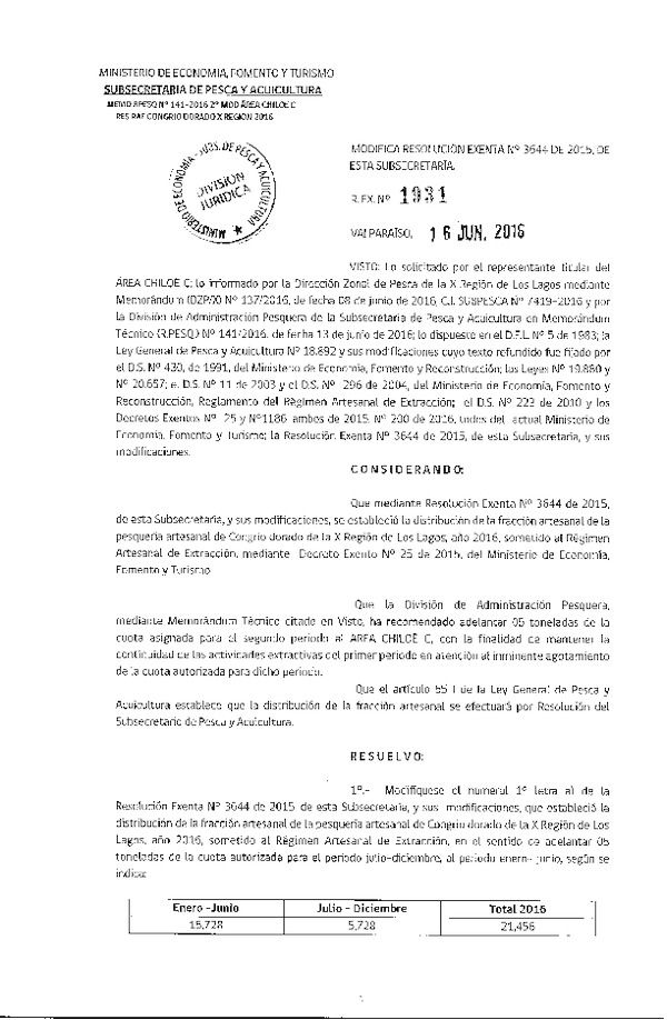 Res. Ex. N° 1931-2016 Modifica Res. Ex. N° 3644-2015 Distribución de la Fracción Artesanal Pesquería de Congrio Dorado, en la X Región, Año 2016. (Publicado en Página Web 17-06-2016)