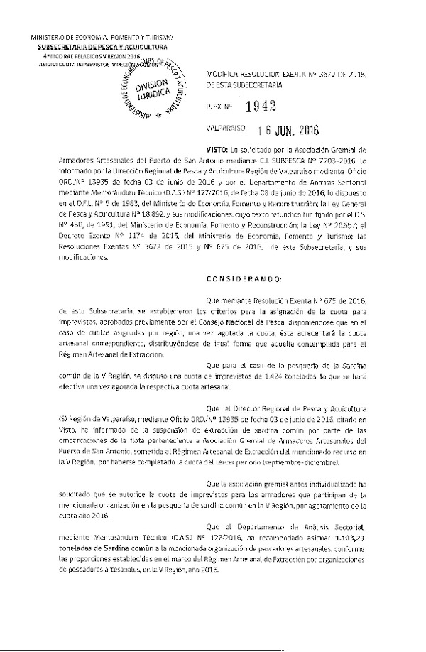 Res. Ex. N° 1942-2016 Modifica Res. Ex. N° 3672-2015 Distribución de la Fracción Artesanal Pesquería de Anchoveta, Sardina Común, Anchoveta y Jurel en la V Región. (Publicado en Página Web 17-06-2016)