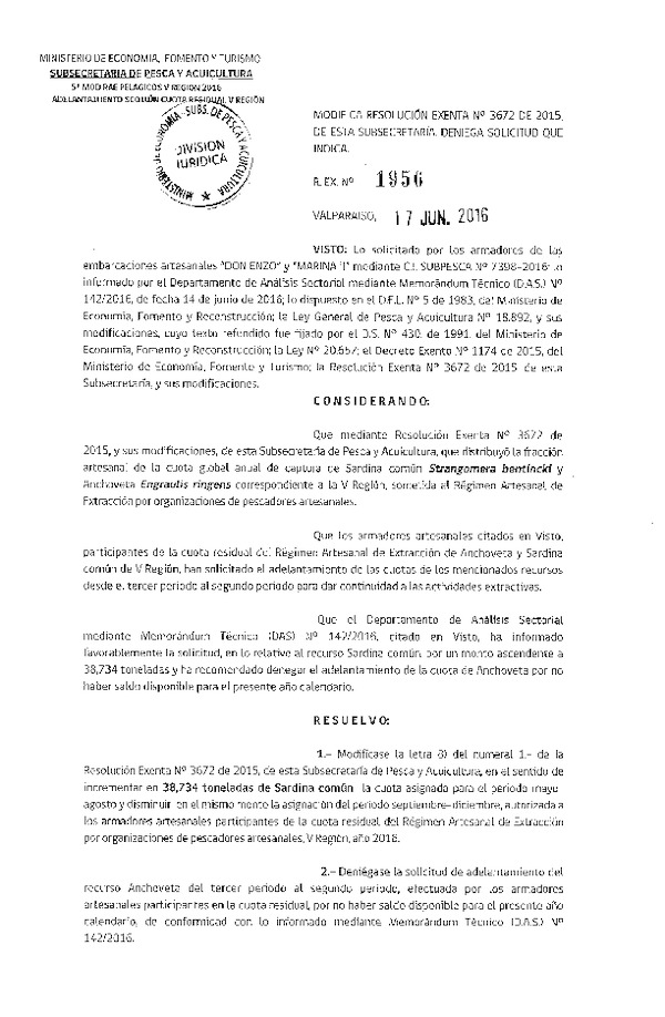 Res. Ex. N° 1956-2016 Modifica Res. Ex. N° 3672-2015 Distribución de la Fracción Artesanal Pesquería de Anchoveta, Sardina Común, Anchoveta y Jurel en la V Región. (Publicada en Página Web 20-06-2016)