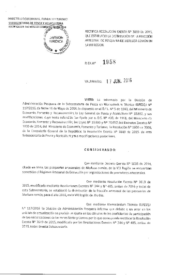 Res. Ex. N° 1958-2016 Modifica Res. Ex. N° 3619-2015 Distribución de la Fracción Artesanal de Pesquería de Merluza Común VIII Región. (Publicada en Página Web 20-06-2016)