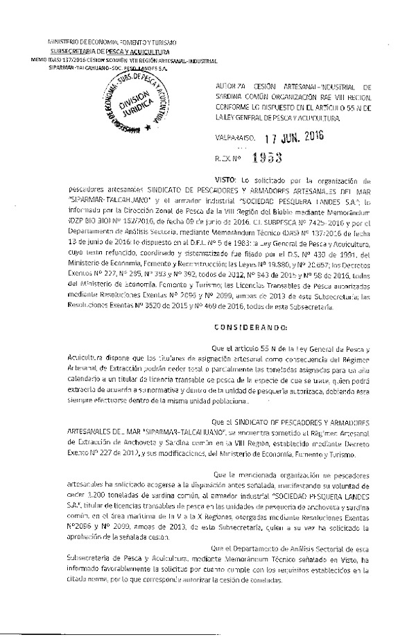 Res. Ex. N° 1953-2016 Autoriza cesión sardina común, VIII Región.